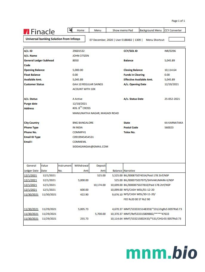India Finacle bank 2P excel